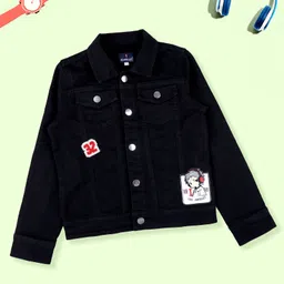 Kiddopanti Denim Woven Full Sleeves Boy Patch Detailed Jacket - Black-picture-12