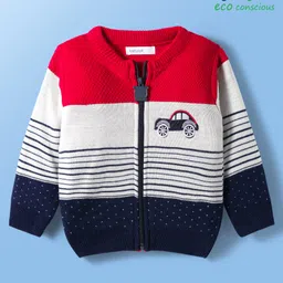 Babyoye Knit Full Sleeves Cut & Sew Striped Front Open Sweater with Car Embroidery - Multicolor-image-40
