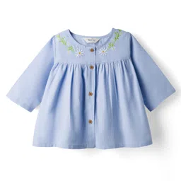 Bonfino 100% Cotton Knit Three Fourth Sleeves Frock Style Top with Floral Embroidery - Light Blue-image-91