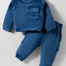 ToffyHouse Fleece Knit Full Sleeves Co-ord Solid Color Night Suit - Navy Blue-image-39