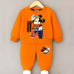 KUCHIPOO Cotton Blend Knit Mickey Mouse Featuring Full Sleeves Character Printed Light Winter Sweatshirt & Joggers Set - Orange-picture-11