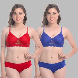 samvar Women Red,Blue Cotton Bra Panty Set for Lingerie Set Undergarments Pack of 2-picture-27