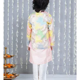 KID1 Silk Woven Full Sleeves Solid Kurta Pyjama With Floral Printed Jacket Set - Peach image 3
