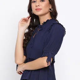 Oxolloxo Women Navy Blue Solid Dobby Peplum Top image 4