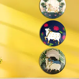 THE QUIRKY HOME 3Pcs White & Green Pichwai Cow Triptych Printed Ceramic Wall Decors-image-18