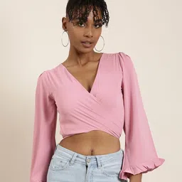SHOWOFFFF Bell Sleeve Ruffles Crepe Wrap Crop Top-picture-36