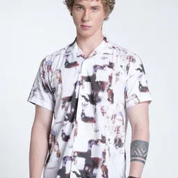 Double Two Relaxed Slim Fit Abstract Printed Resort Collar Chambray Weave Cotton Shirt-picture-10