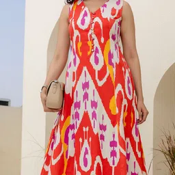 KEIYONA Ikat Print Printed V- Neck Sleeveless A-Line Midi Dress image 2