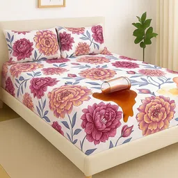 bsb home Pink & White Floral Printed 300TC Cotton Fitted King Bedsheet Set 1.82 m x 1.98 m-picture-25