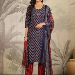 KALINI Floral Printed Straight Kurta With Trousers & Dupatta image 2
