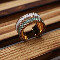 Threads & Beads Gold-Plated Frosted Green Beaded Adjustable Finger Ring image 2
