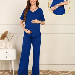Zelena Viscose Half Sleeves Extra Stretchable Solid Top & Pyjama Set - Blue-picture-19