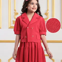 Mark & Mia Half Sleeves Collared Top & Knee Length TieredSkirt with Broach - Red image 1