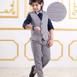 Mark & Mia Cotton Woven Full Sleeves Checkered 3 Piece Party Suit With Bow - Grey & Navy Blue-picture-20