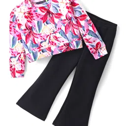 Tiara Cotton Spandex Full Sleeves Floral Printed Sweat Shirt With Bell Bottom Pant Set - Red & Black-image-45
