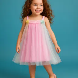 Babyhug Woven Mesh Sleeveless Party Wear Dress With Ruffles & Floral Applique - Pink-picture-15