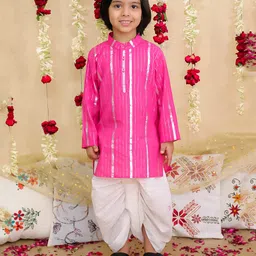BownBee Pure Cotton Woven Full Sleeves Glitter Striped Dhoti Kurta Set - Pink-picture-27