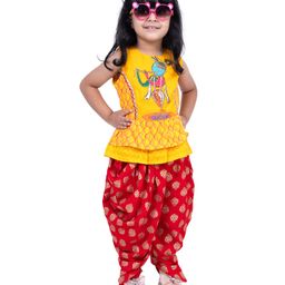 Twisha Cotton Woven Sleeveless Lord Krishna Printed & Beaded Top & Dhoti Set - Yellow & Red-picture-3