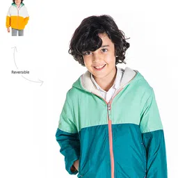 Cherry Crumble By Nitt Hyman Woven Full Sleeves Colour Blocked Light Winter Hooded Reversible Jacket - Green-picture-17