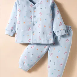Tango Fleece Knit Full Sleeves Winter Wear Co-ords Night Suit With Animal Print - Light Blue image 1
