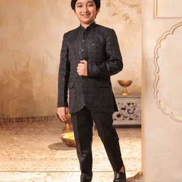 AJ Dezines Jacquard Woven Full Sleeves Geometric Embroidered Sherwani Pant Set - Grey-picture-38