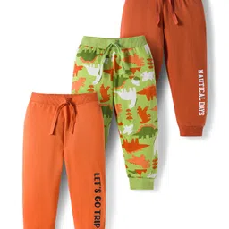 Babyhug Cotton Knit Full Length Lounge Pants With Text & Dino Print Pack of 3 - Orange Brown & Green-picture-28