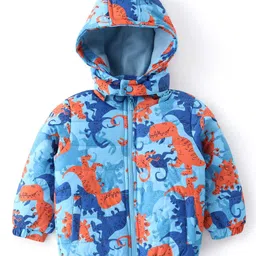 Babyhug Woven Full Sleeves Jacket With Detachable Hood Dino Print - Orange & Blue image 2