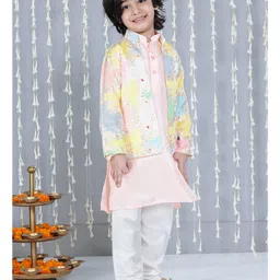 KID1 Silk Woven Full Sleeves Solid Kurta Pyjama With Floral Printed Jacket Set - Peach image 5