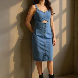 ZUMMER Women Solid Sleeveless Denim A-Line Midi Dress-image-0