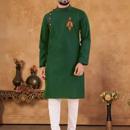 Qunity Men Ethnic Motifs Embroidered Cotton Kurta with Pyjamas-picture-10