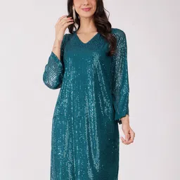 FableStreet Women Net Embellished A-Line V-Neck Dress-picture-18