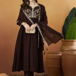 Pantos Women Ethnic Motifs Embroidered Panelled Thread Work Kurta with Trousers & With Dupatta-picture-22