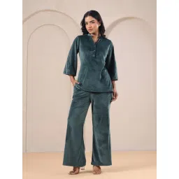 SAY Teal Velvet Solid Top and Pyjamas (Set of 2) image 2