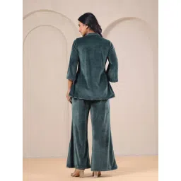 SAY Teal Velvet Solid Top and Pyjamas (Set of 2) image 3