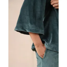SAY Teal Velvet Solid Top and Pyjamas (Set of 2) image 4