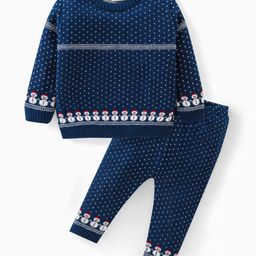 Babyhug Knitted Full Sleeves Sweater Set with Snowman Design - Navy Blue-picture-21