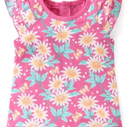 Babyhug 100% Cotton Knit Cap Sleeves Top with Floral Print & Frill Detailing - Pink-image-40