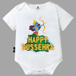 The Peppy Tend Navratri Theme 100% Cotton Half Sleeves Happy Dussehra Text Printed Onesie -  White-picture-38