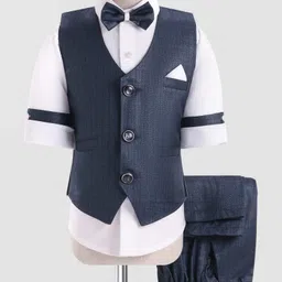 Rikidoos Full Sleeves Solid Shirt With Textured Waistcoat Pant & Bow Set - White & Blue-image-58