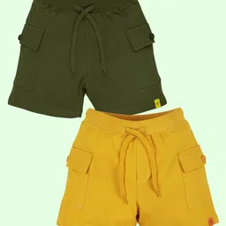 Kiddopanti Cotton Pack of 2 Solid Cargo Shorts - Military Green & Mustard-picture-15