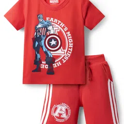 Babyhug Marvel Single Jersey Knit Half Sleeves T-Shirt & Shorts Set With Avengers Graphics - Red-image-3
