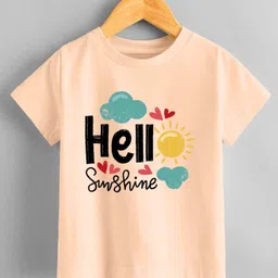 KNITROOT Cotton Summer Theme Half Sleeves Hello Sunshine Text Printed Tee - Peach-image-17