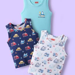 Babyhug 100% Cotton Knit Sleeveless Antibacterial Sando with Vehicle Print Pack of 3 - White Light Blue & Navy Blue-picture-29