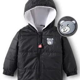 Mark & Mia Woven Full Sleeves Hooded Quilted Jacket With Teddy Bear Patch - Black-picture-18