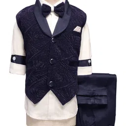 Rikidoos Cotton Woven Full Sleeves Textured 3 Piece Party Suit Set With Bow - White & Navy Blue-picture-21