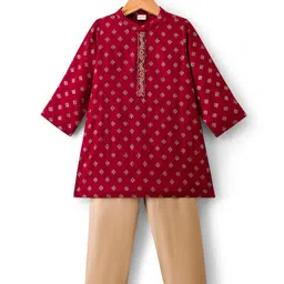 Babyhug Woven Full Sleeves Floral Foil Printed Kurta Pajama Set- Maroon-picture-11