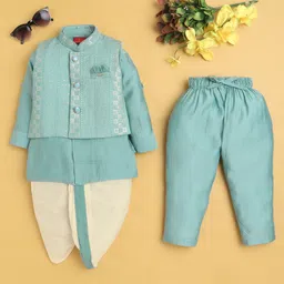 Jeet Ethnics Cotton Blend Knit Full Sleeves Solid Kurta Dhoti With Pyjama & Sequin Embellished Jacket Set - Turquoise-image-8