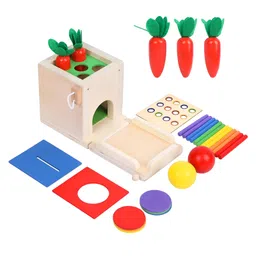 NEGOCIO Wooden 4-in-1 Object Permanence Box, Coin Box, Carrot Harvest, Color Match Sticks Drop Game Toy- Pack of 1- Color May Vary-picture-20
