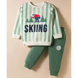 Ollypop Looper Knit Full Sleeves T-Shirt & Lounge Pant Set with Skiing Print & Stripes - Green-picture-30