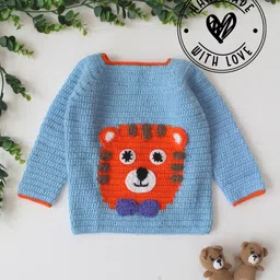 Woonie Hand Knit Full Sleeves Tiger Face Designed Sweater - Sky Blue-image-60